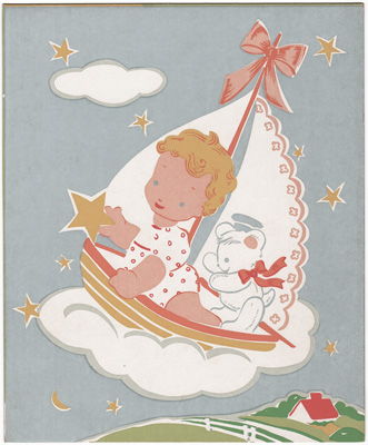 [baby in sailboat, teddy bear, clouds, stars]